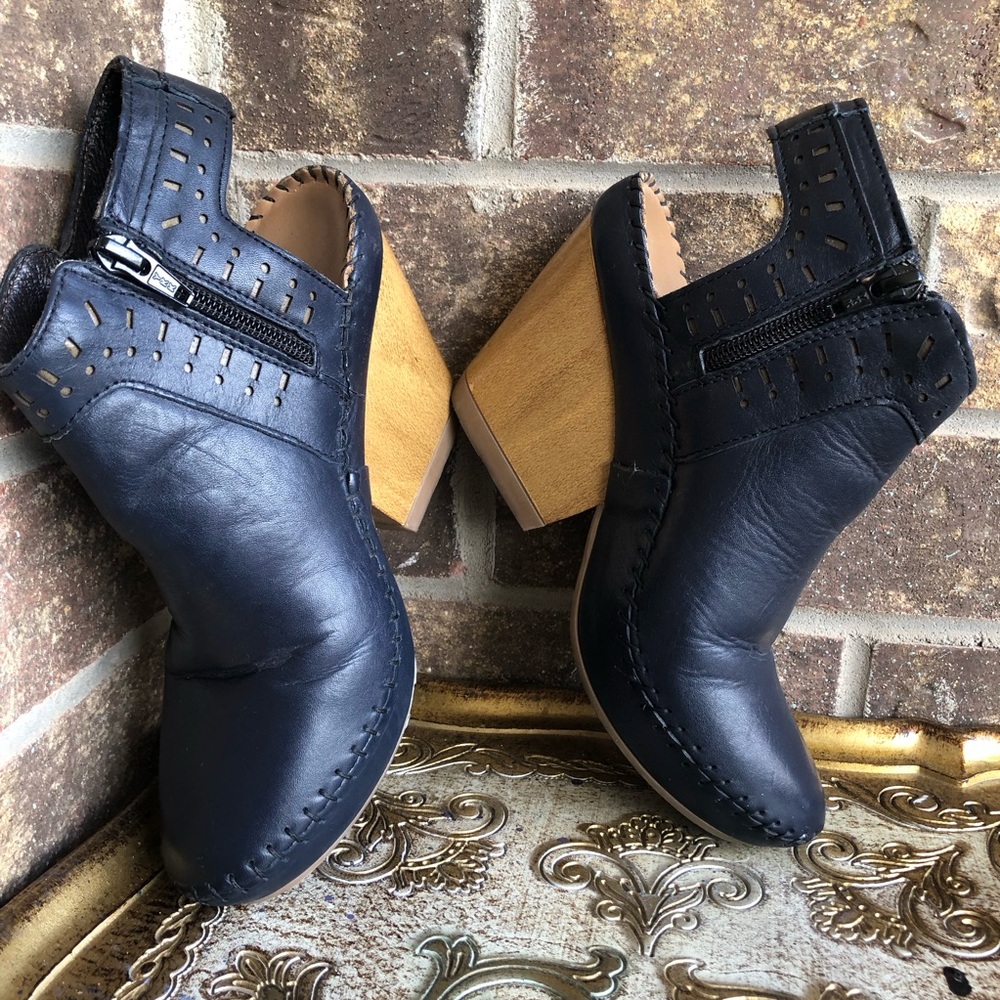 Blue Leather Ankle Boots with Wooden Heel